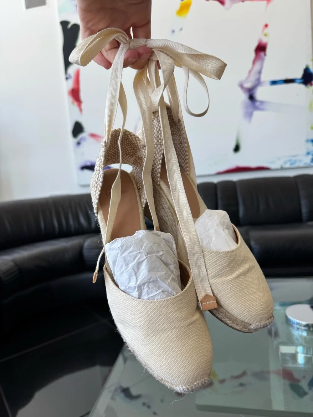 Beige Canvas Espadrille Wedge with Ankle Ties
